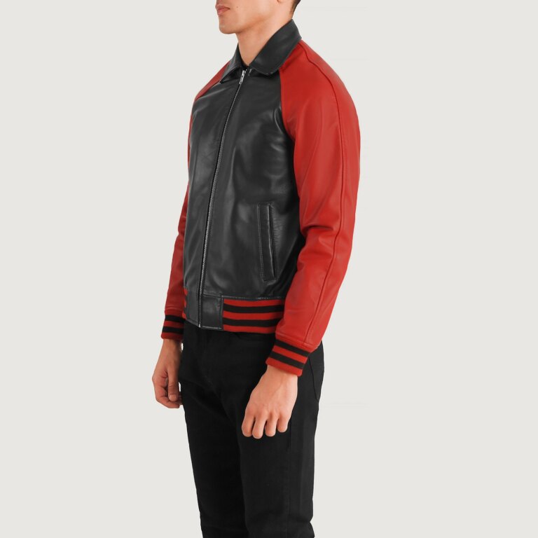 Mens Walton Black & Red Leather Varsity Jacket Side Pose-3-1704121585503